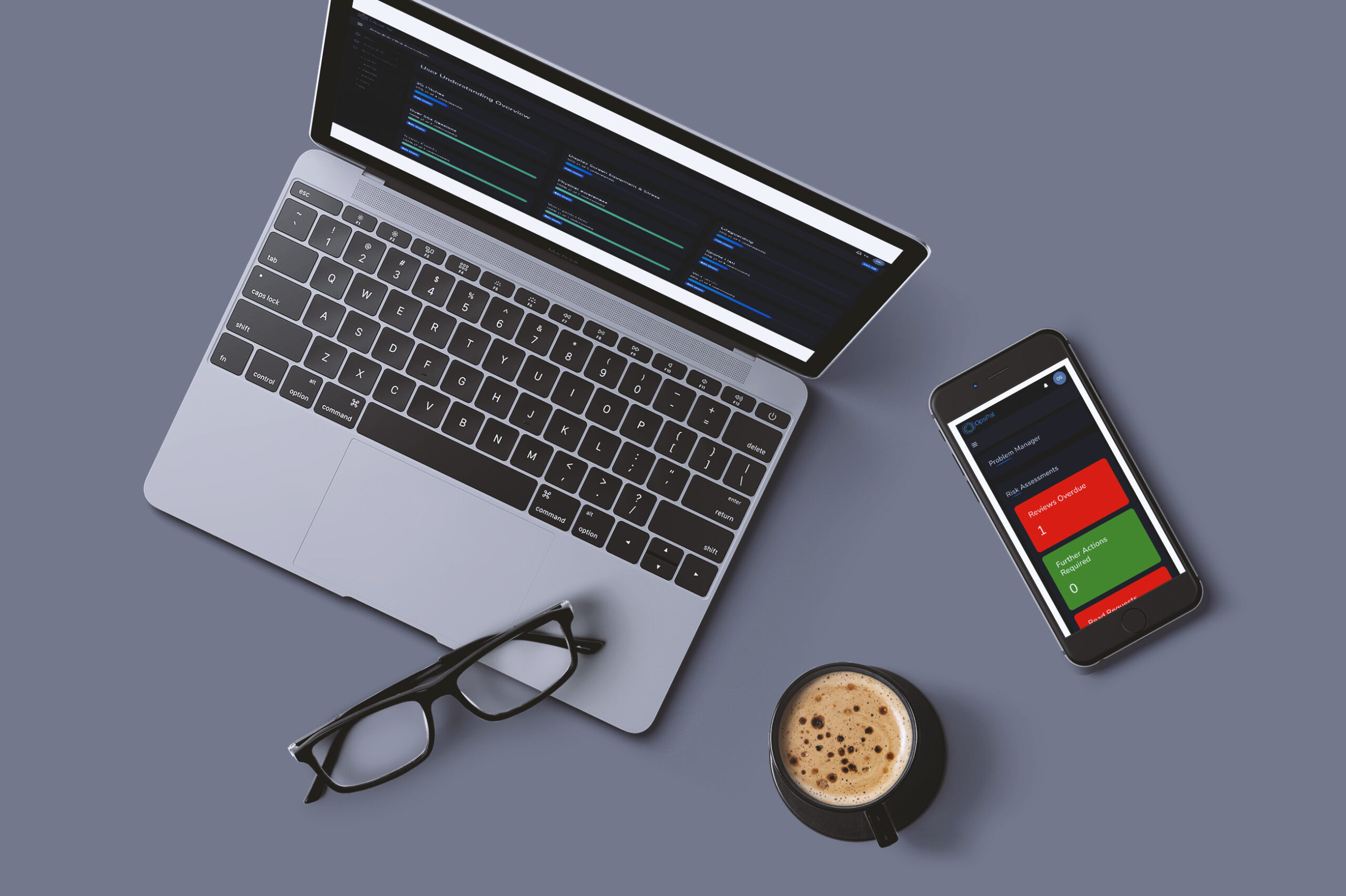 OpsPal on laptop and iPhone with coffee