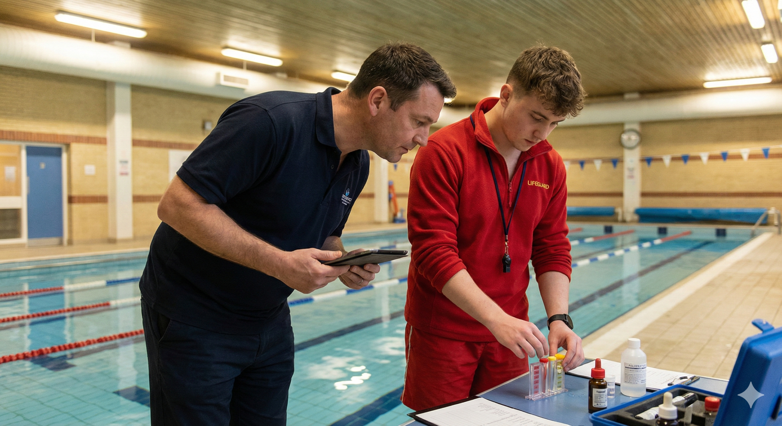 "Leisure centre manager conducting a hands-on pool test audit rather than checking paperwork only."