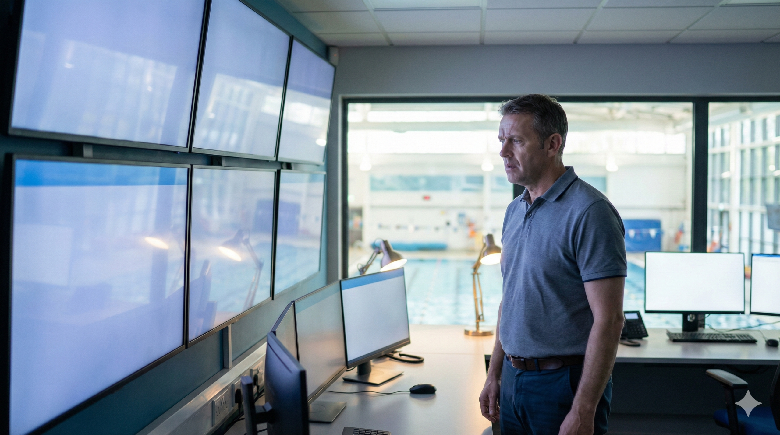 Leisure facility manager reviewing empty operations dashboard - representing operational blind spots in facility management